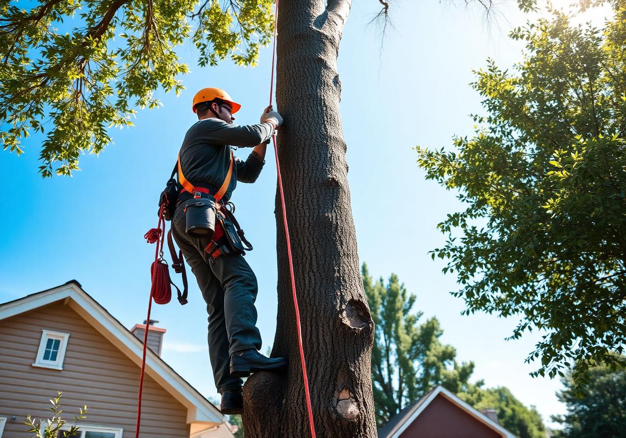 Pine Grove arborist climbing a tree with full PPE