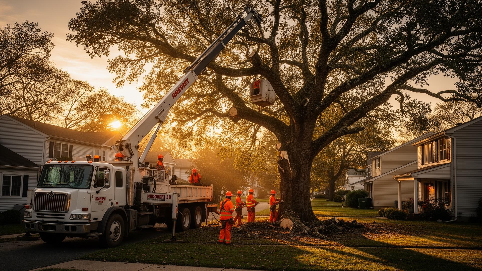 Crane-assisted tree removal in a South Jersey neighborhood