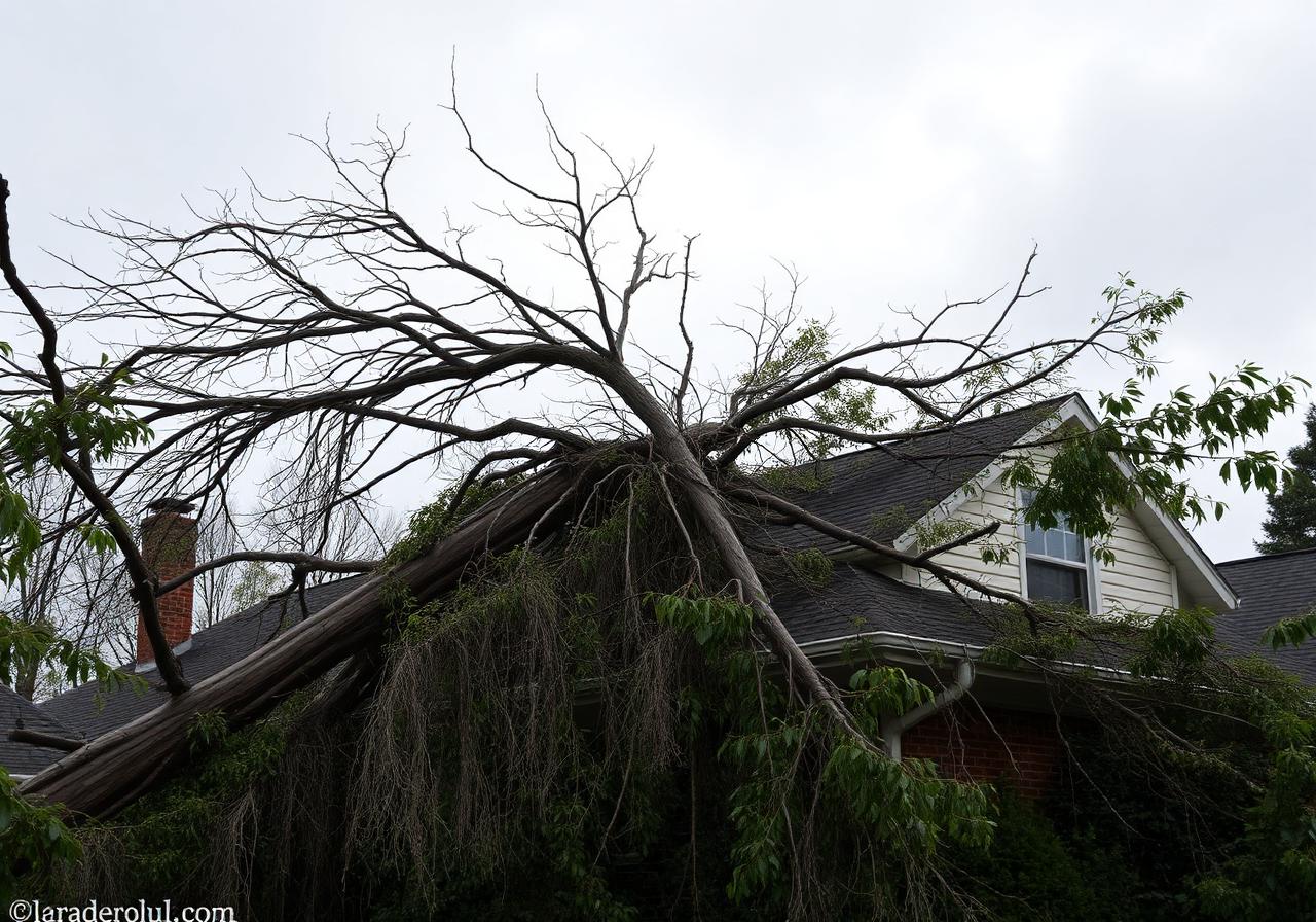 Storm-damaged tree on roof